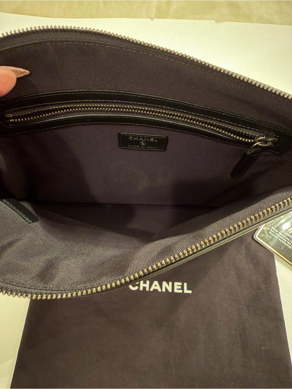 CHANEL Black Leather Clutch with Two-Tone Chain Script - Picture 6 of 6